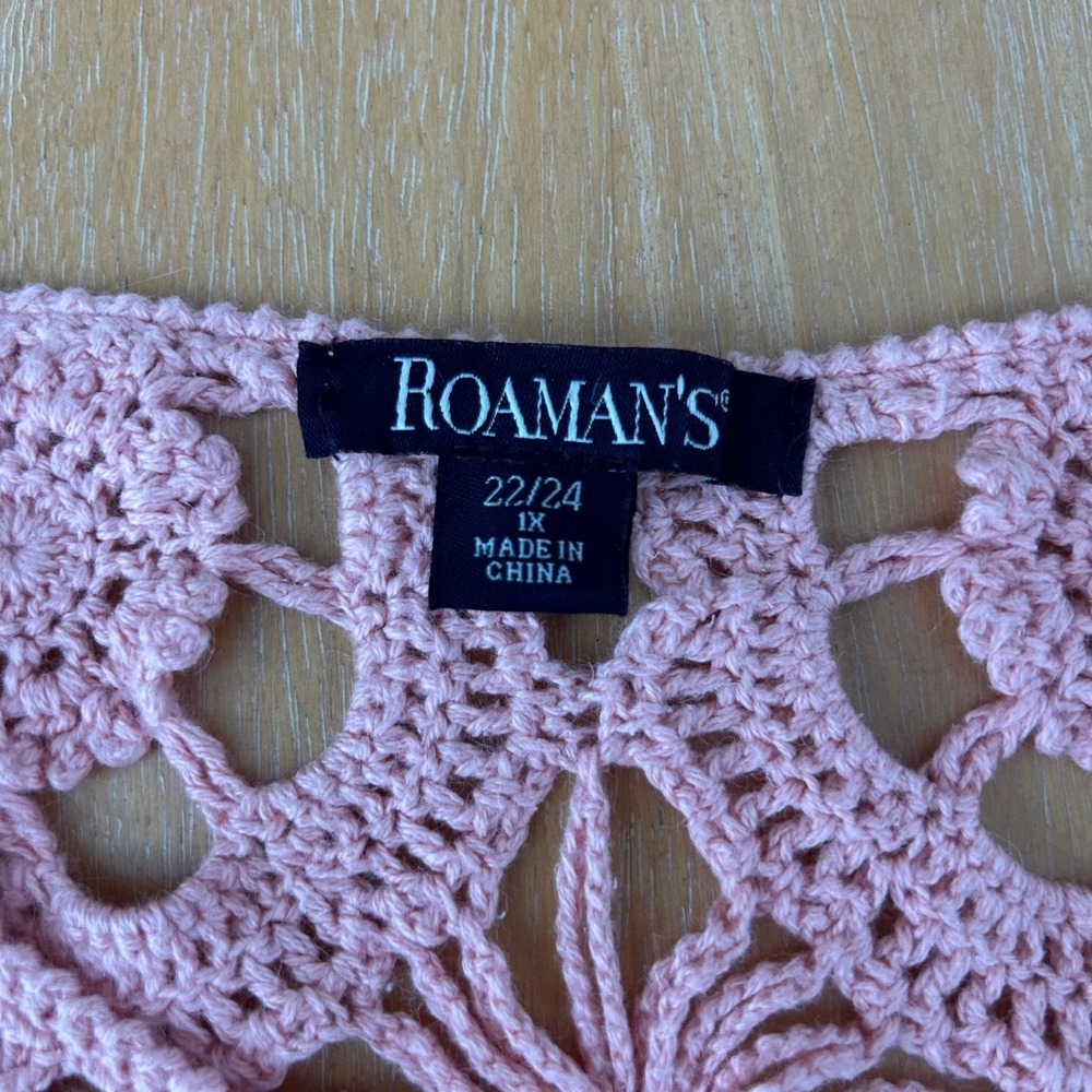ROAMANS Pink Crochet V Neck Short Sleeve Overlay Top Size 22/24 Boho Cottage - Picture 6 of 8